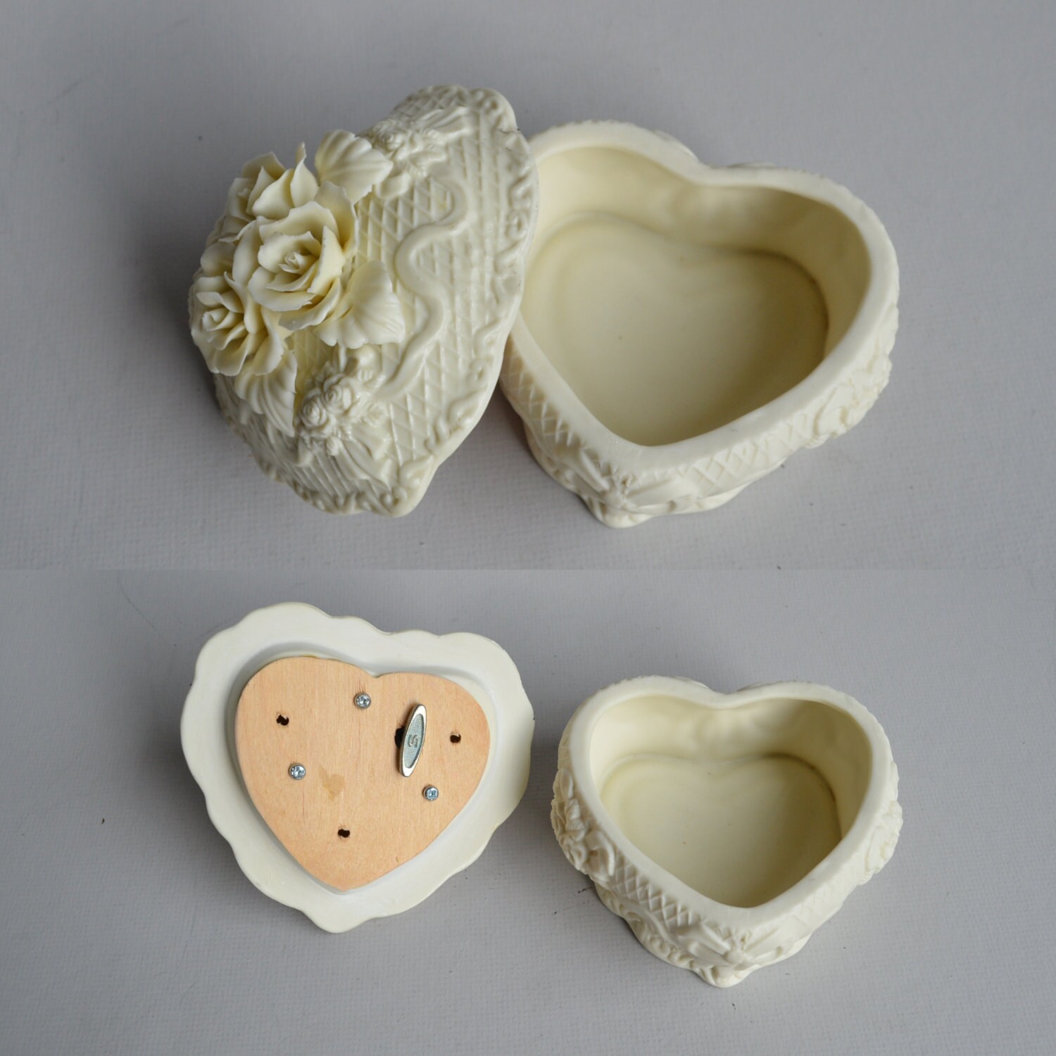Vintage Music Box Bisque Ceramic Ivory Heart Shaped Jewelry