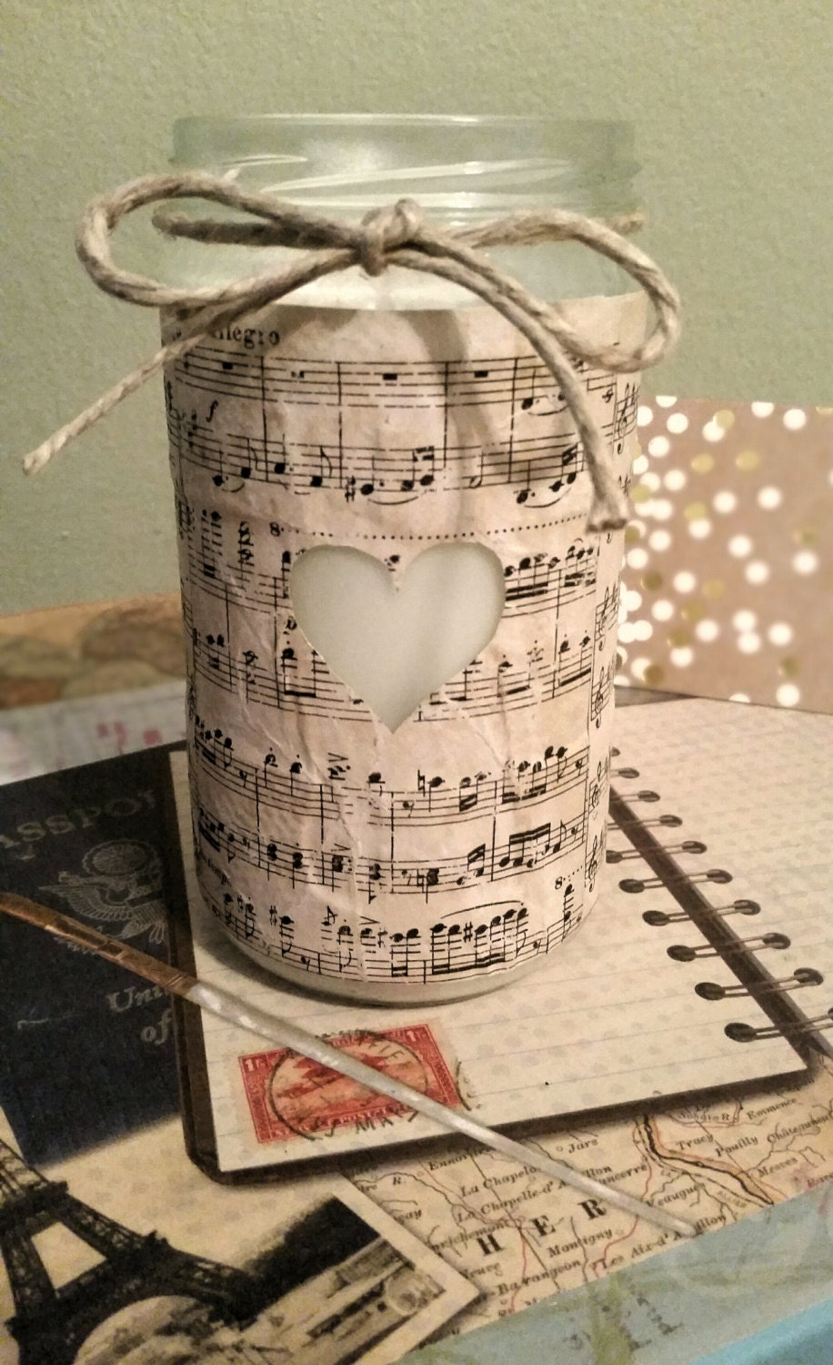 Music wrapped jar with heart and hemp filled with soy candle