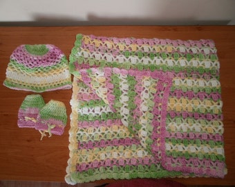 Baby blanket+hat+mittens crochet multicolored