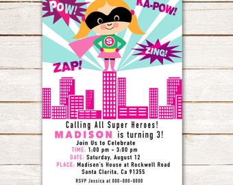 50% off Girl Super Hero Invitation for Birthday Party, Calling all Super Heroes, Pink, Custom Invite DIY Printable