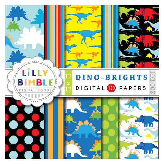 40% off Dinosaur Digital Papers DINO-BRIGHT trex, boy birthday scrapbook paper DOWNLOAD Il_570xn