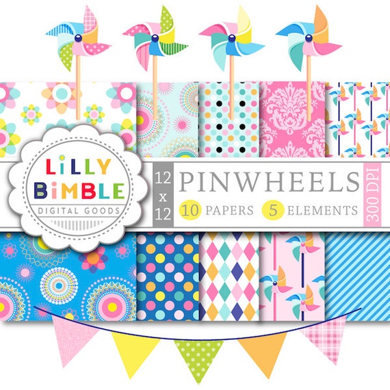 40% off Pinwheel clipart and digital papers, summer bunting bright colors printable Digital Downloads pinwheels Il_570xn