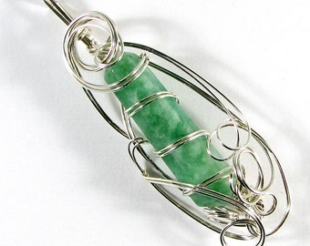 CLEARANCE - Double point mountain jade and sterling silver wire wrapped pendant