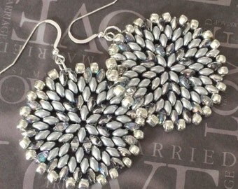 Silver Satin Seed Bead Disc Earrings - Big Bold Disc Earrings - Beadwork Jewelry - Statement Jewelry