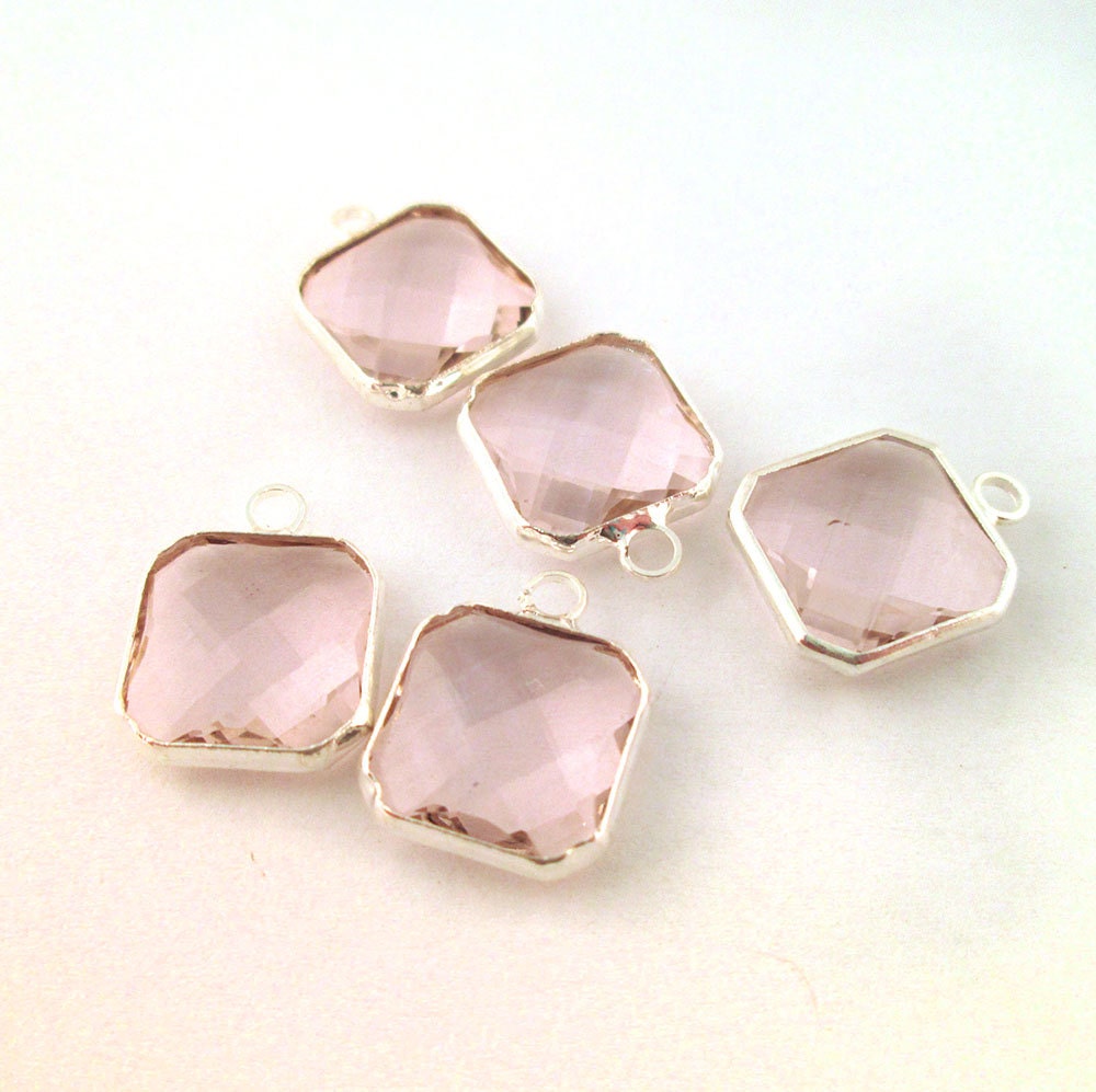 1 Square Faceted Glass Pendant PInk Charm with a Silver