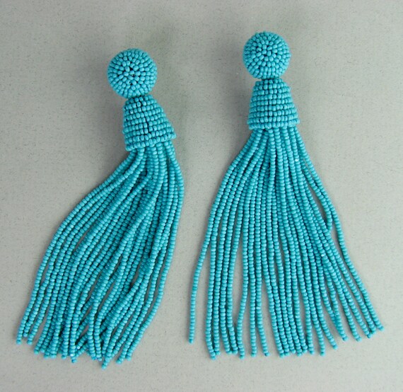 Tassel Earrings, turquoise tassels, turquoise seed beads, beaded tassel ...