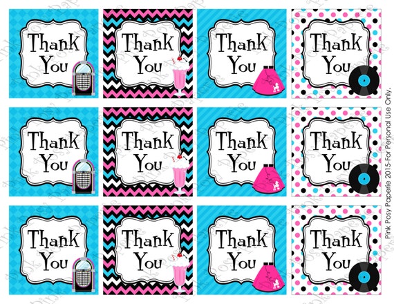 Printable 50s Sock Hop Thank You Tags Instant Download