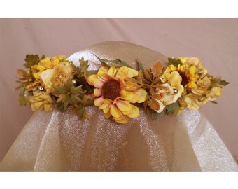 Sunflower floral head wreath bridal flower crown boho hair accessory renaissance faery costume fairy cosplay flowers harvest