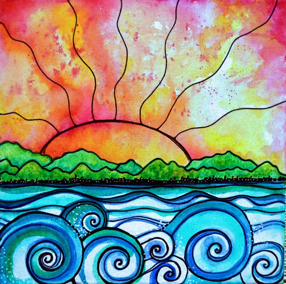 Items similar to Summer beach sunset print art waves ocean sun seascape ...