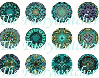 Teal Mandala Magnets, Teal Mandala Pins, Teal Mandala Flatbacks, Mandala Cabochons, Mandala Art, Mandala Party Favors, 12 Ct.
