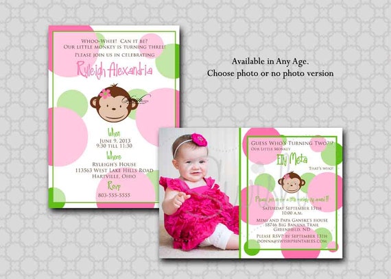 Monkey Birthday Invitation - Girl - Mod Monkey Modern Photo printable 5x7 invite invitations. pink green polka dot Il_570xn
