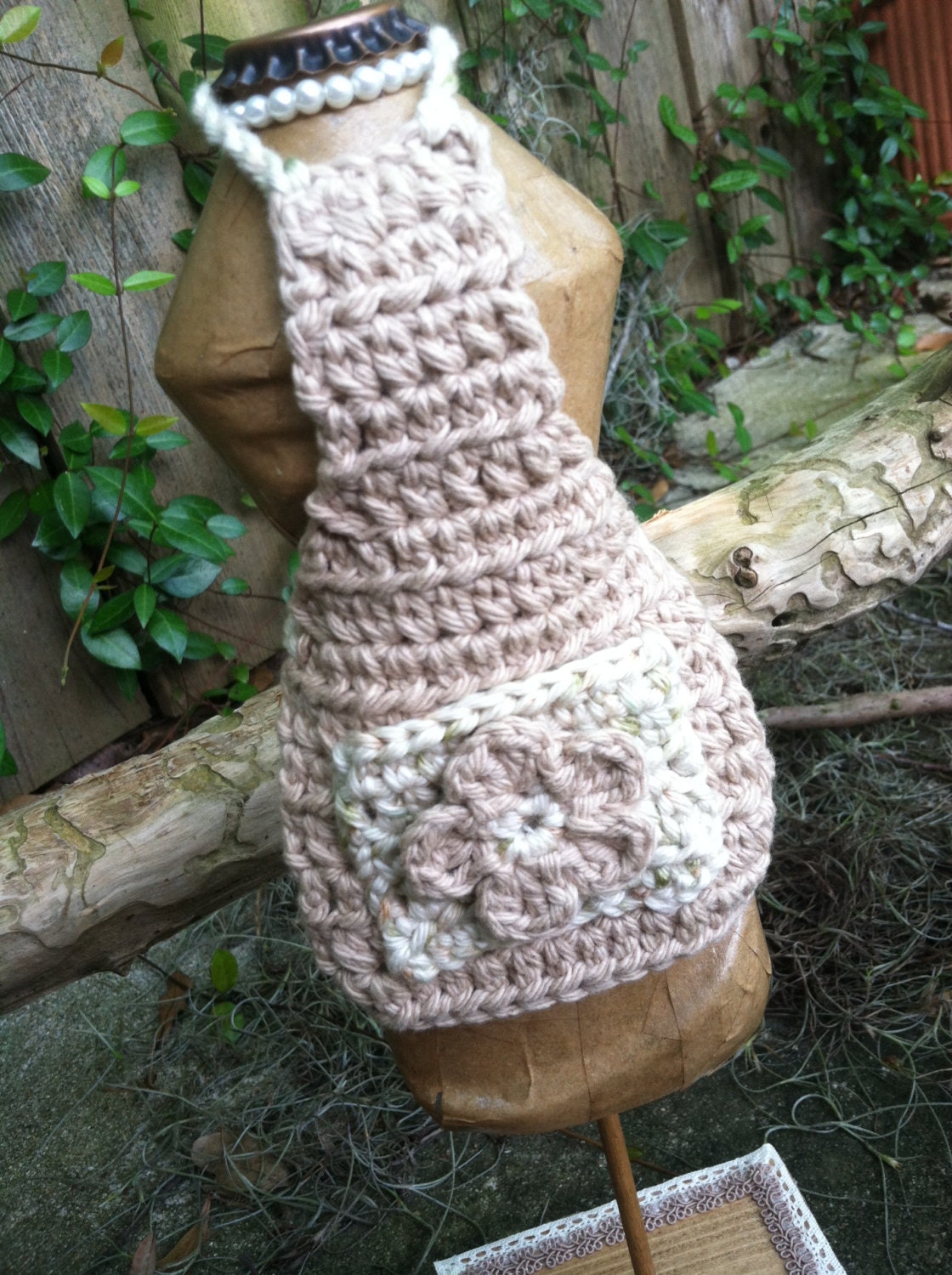 Crochet Dish Soap Bottle Apron Tan and Ivory by TheBloomingPot