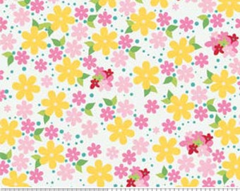 Hoo's in the Forest by Riley Blake Floral in White C2563-white - whimsical pink yellow white flower fabric by the fat quarter or half yard