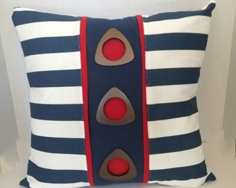 SALE Navy White Red Nautical Canopy Stripe Grommet Designer Pillow/Decorative Throw Pillow Cover 20" x 20"/Zipper Closure