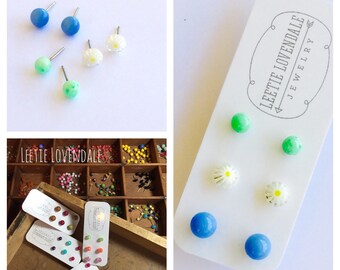 Tiny Stud Earring Set - Greens & Blues 3 Pair of Dotties Lucite Posts - #3DOT-7