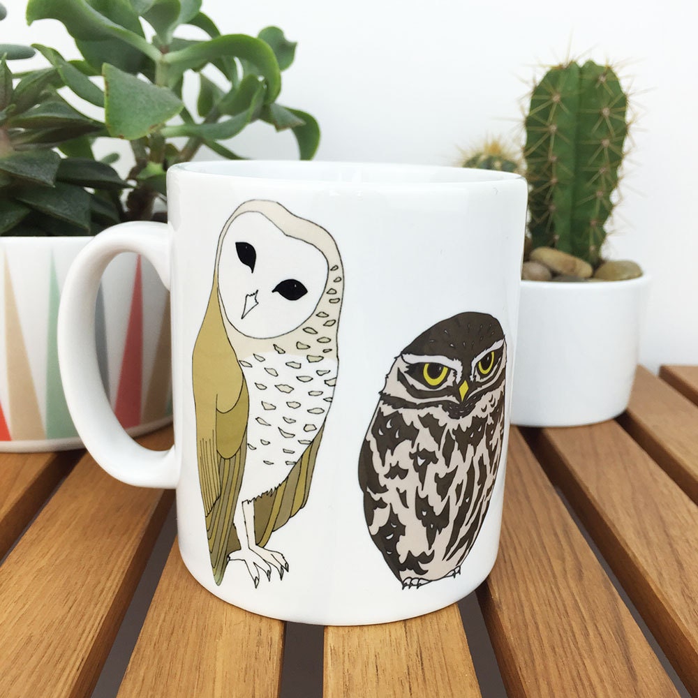 Owl illustrated mug ceramic bird print mug barn owl