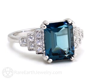 Vintage Ring Art Deco Ring London Blue Topaz Ring Diamond Antique Milgrain 14K or 18K Gold December Birthstone Gemstone Ring