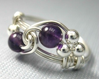 Amethyst Ring Birthstone Jewelry Wire Wrapped Sterling Silver Birthstone Ring - All Birth Months Available - Duet