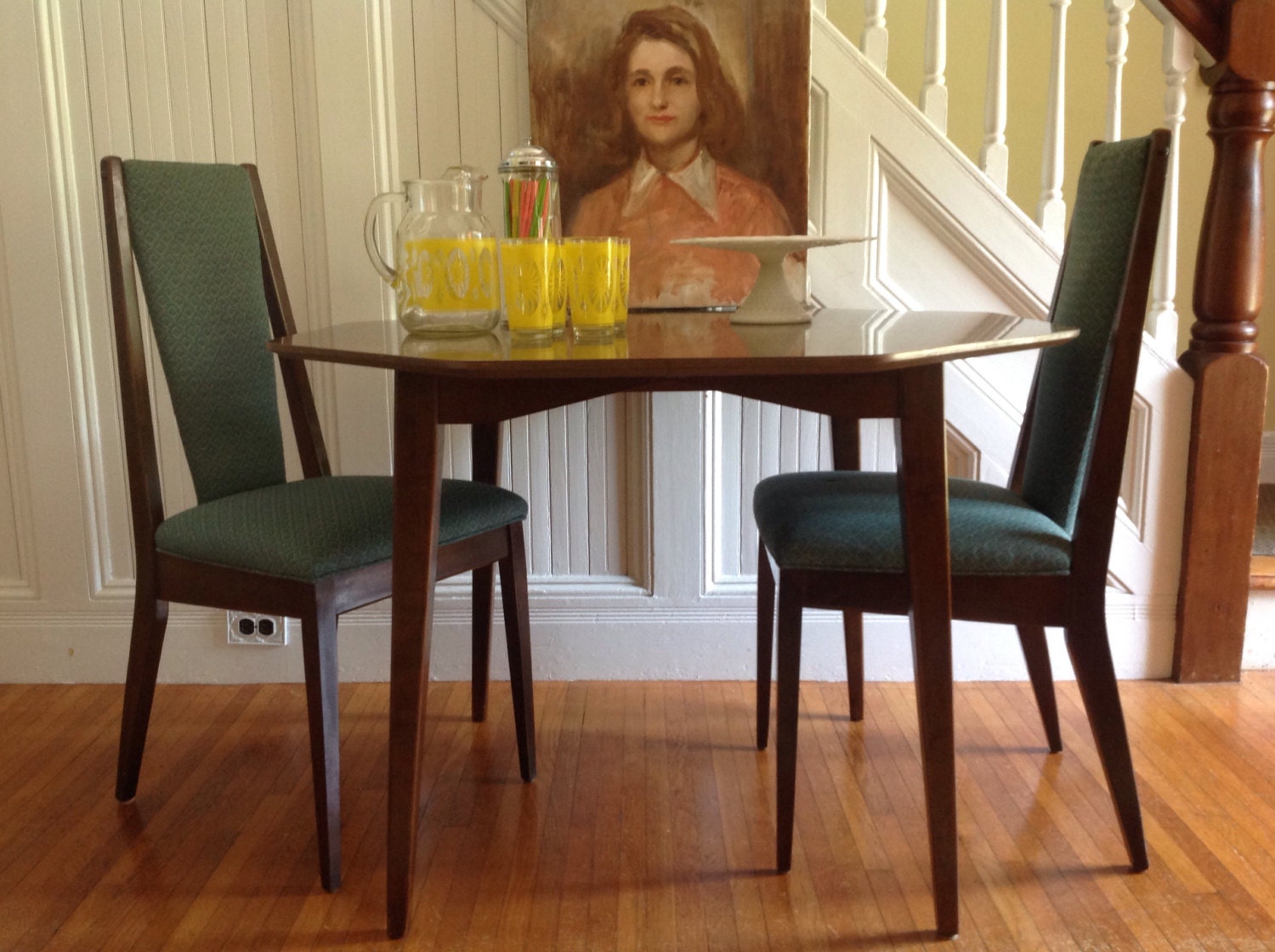RETRO 1970s Octagonal Dining Table/Chair Set of 4 Formica Top Dark Wood