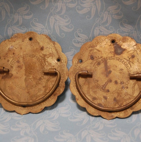 Antique Chinese Brass Drawer Pulls Pair Handles Large Round
