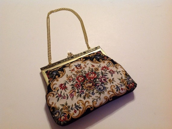 Vintage 1980&#39;s Tapestry Style Clutch Purse/Handbag with