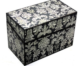 Wood Recipe Box Black and Cream Damask Ready To Ship Fits 4x6 Recipe Cards
