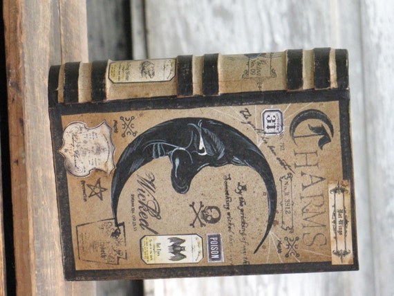 SMALL Vintage Paper Mache Halloween Witch's Book of CHARMS Box hand Painted Moon