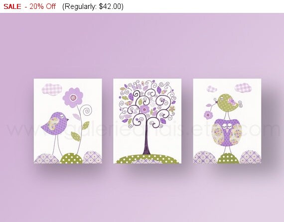 Baby Girl Nursery Art Nursery Decor Purple Green Baby Girl Decor Owl Nursery Bird Tree Children Art Toddler Baby Shower Gift Set of 3 prints by GalerieAnais