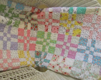 Scrappy Spring Baby Girl, Toddler or Crib Quilt - Disappearing 4-Patch