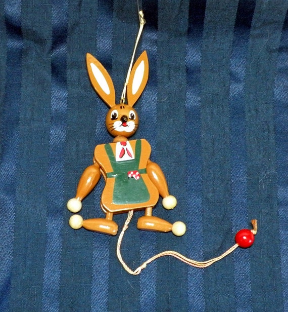 Vintage Bunny Rabbit Wooden Jumping Jack Pull by CurioCabinet
