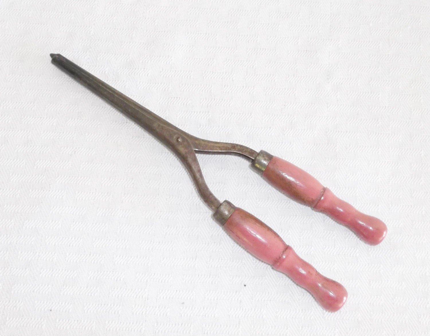 Antique Victorian Edwardian Curling Iron with Pink Wooden