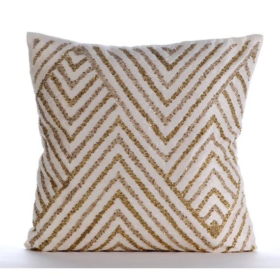 Handmade Ivory Decorative Pillow Cover Sequins Chevron Zig