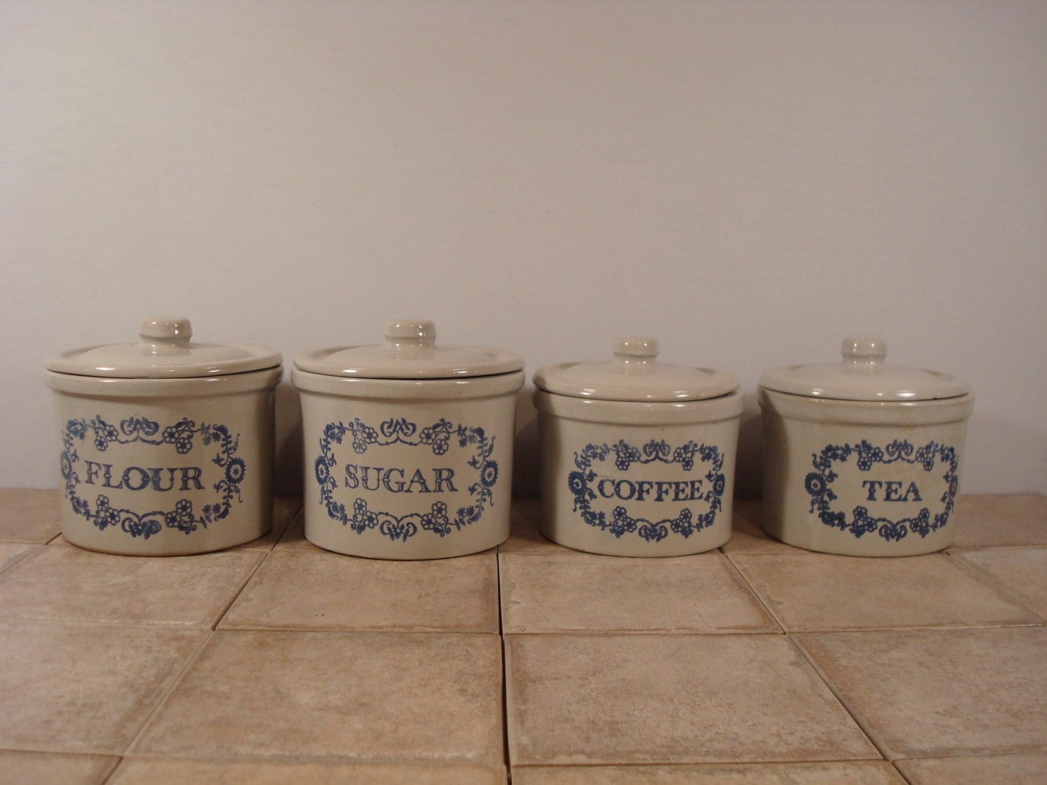 Sale…GREAT set of four gray pottery canisters with lids flour, sugar