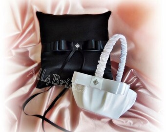 Wedding ring pillow and basket, black and white ring bearer pillow and flower girl basket set. Black and white wedding decorations.