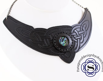 Hand carved black leather Celtic knot work necklace with abalone set in the centre.