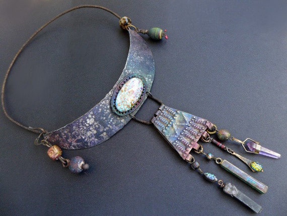 Lights. Cosmic rustic iridescent assemblage collar necklace.