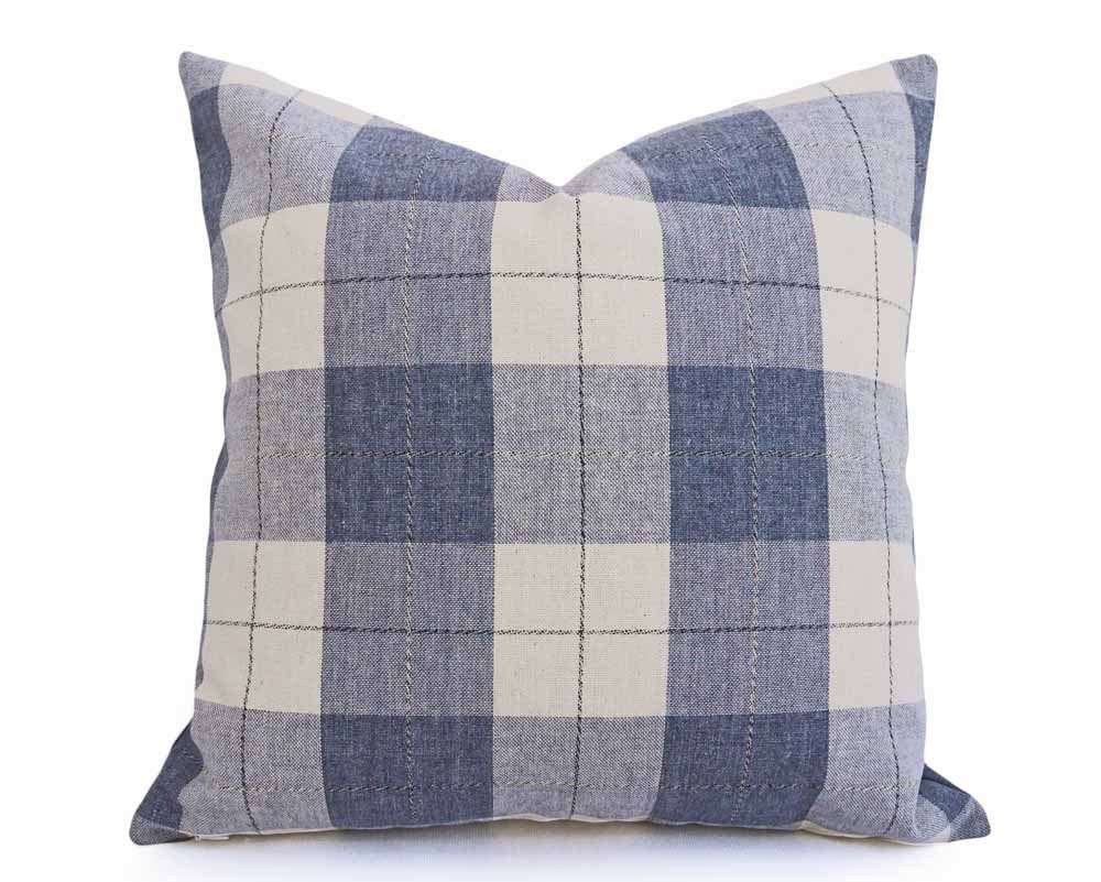 Blue White Cottage Pillow Blue Plaid Cushion Cover Blue