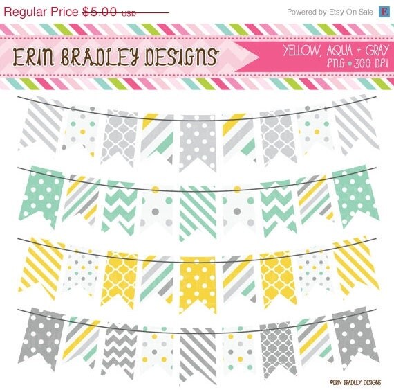 50% OFF SALE Yellow Aqua & Gray Bunting Banner Flag Clipart Digital ...