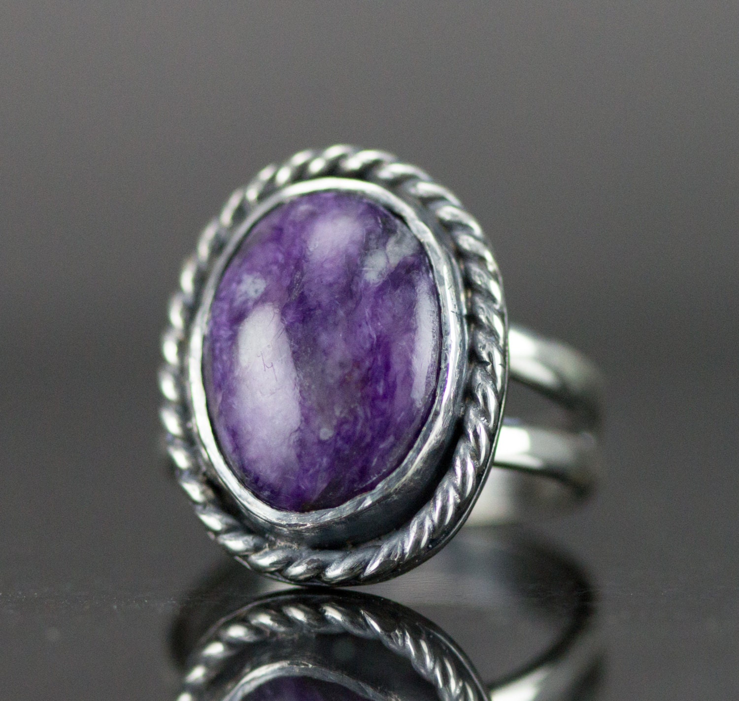 Charoite Sterling Ring Purple Stone Statement Ring