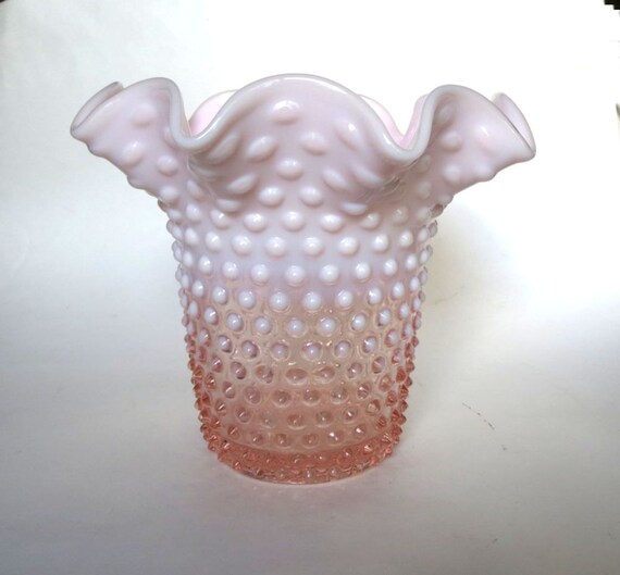 Duncan Miller Pink Opalescent Hobnail Glass Vase Large Ruffled