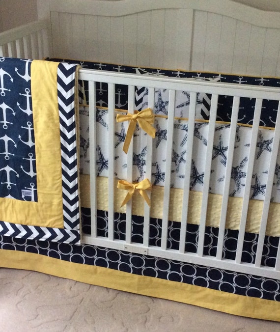 READY TO SHIP Crib Bedding Navy and Yellow by butterbeansboutique