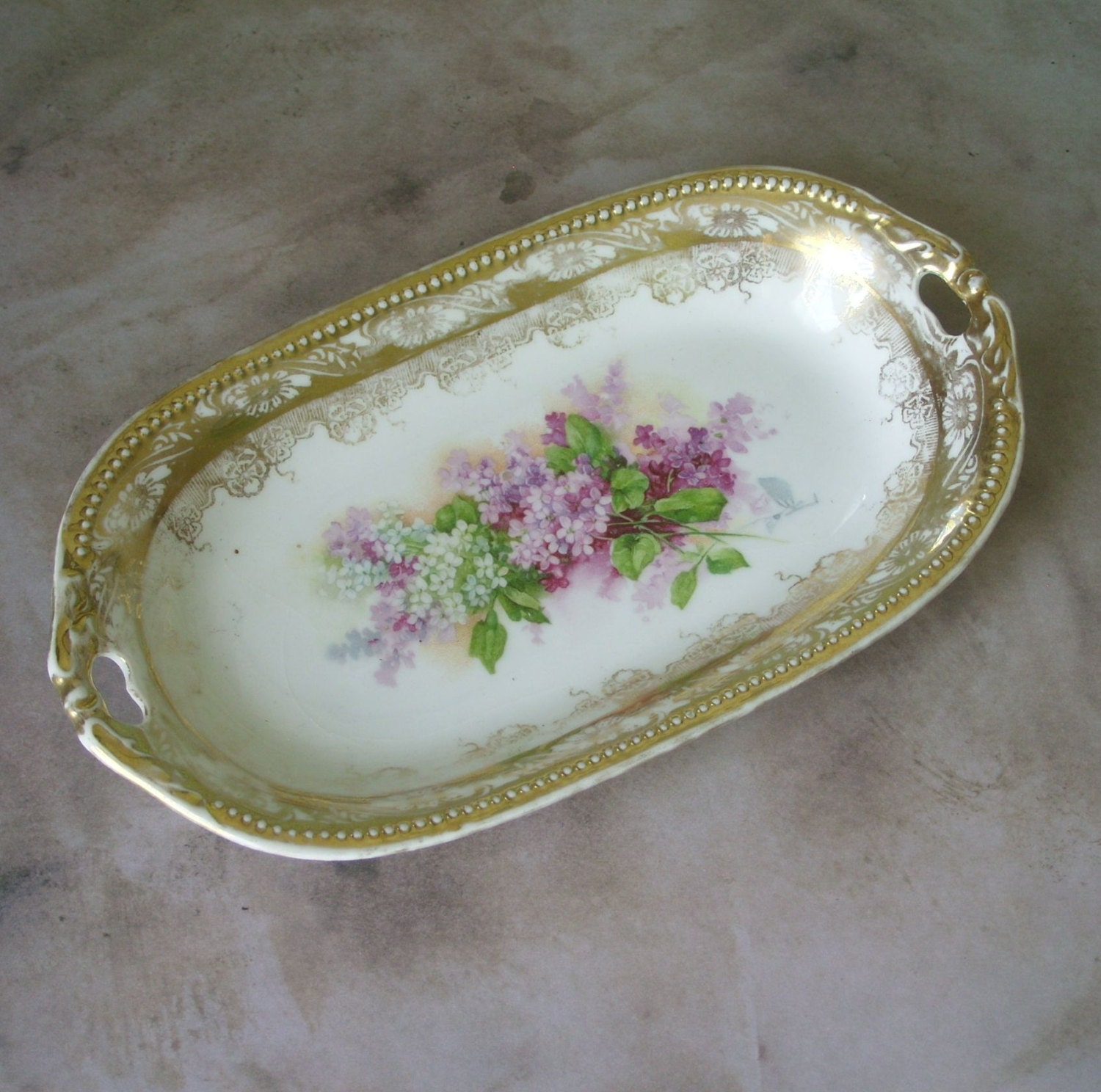 Antique CS Prussia Celery Dish Purple Lilacs by TinselandTrinkets
