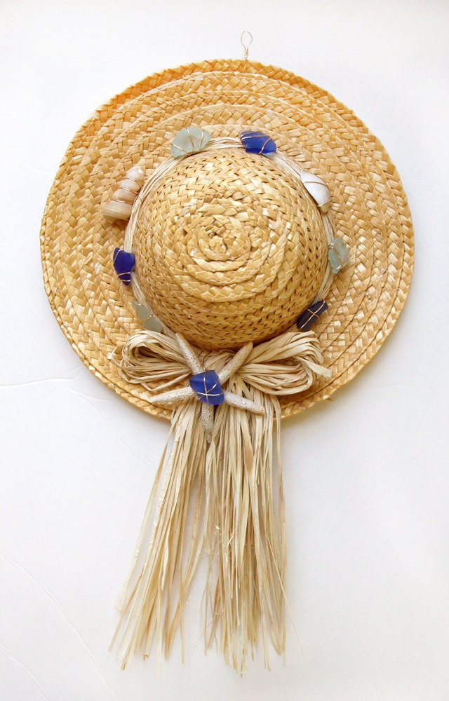 Beachy Straw Hat Door or Wall Decoration with Sea Glass in
