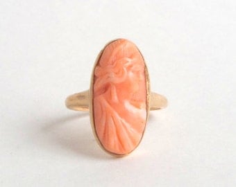 Antique Cameo Ring. Tall Salmon Coral. 10K Gold.