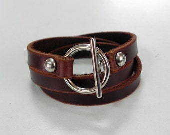 Leather Bracelet Leather Cuff Wrap Bracelet with Toggle Clasp in brown