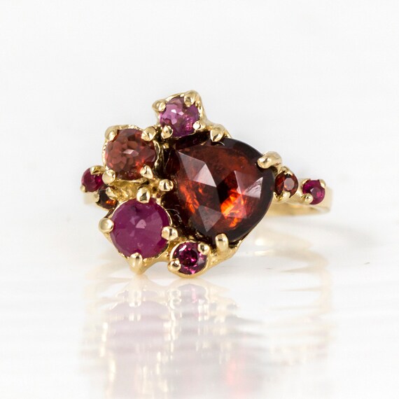 Ruby and Garnet Cluster Ring - Rose cut garnet and ruby in a 14k yellow