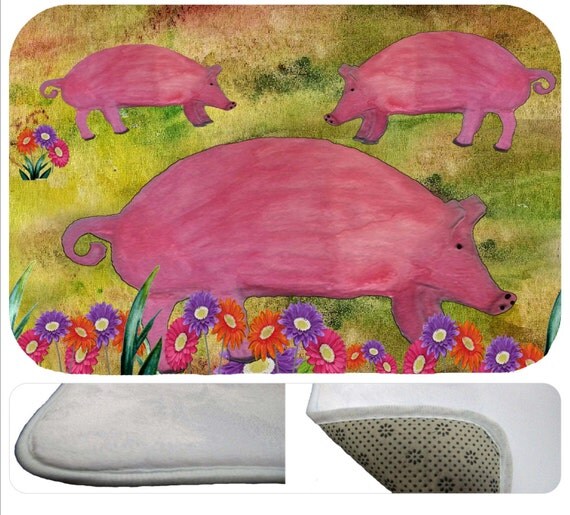 Pigs daisy farm rug mat kitchen or bathmat from my art