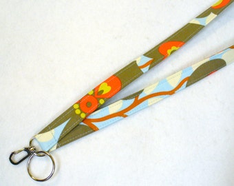 Womens Amy Butler Fabric Lanyard Badge Holder Breakaway Lanyard Designer Fabric ID Clip Key Ring Fob Morning Glory Linen Blue Red Gray MTO