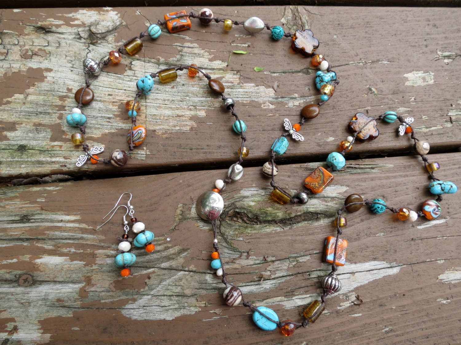 Long Waxed Thread Necklace with Turquoise Orange by RagayJewelry