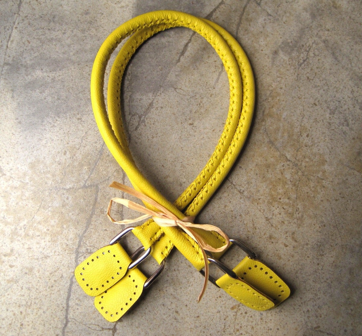 Handmade Leather Purse Bag Handles Rope Style Bright Yellow